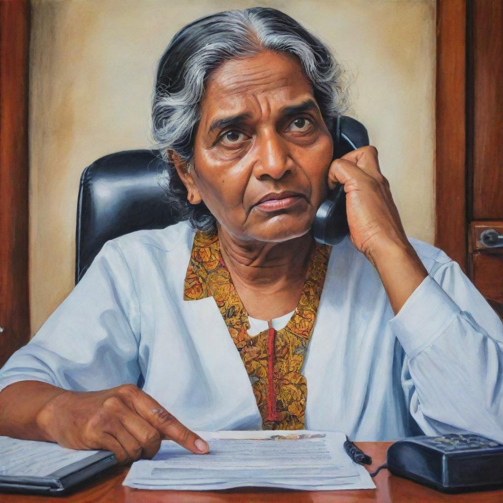 A vivid caricature scene capturing a Sri Lankan government official engrossed in a phone conversation within his office. In contrast, an exaggeratedly portrayed elder woman waits with anticipation, seated outside the detailed, culturally specific government building.