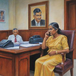 A vivid caricature scene capturing a Sri Lankan government official engrossed in a phone conversation within his office. In contrast, an exaggeratedly portrayed elder woman waits with anticipation, seated outside the detailed, culturally specific government building.