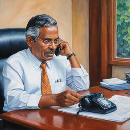 A vivid caricature scene capturing a Sri Lankan government official engrossed in a phone conversation within his office. In contrast, an exaggeratedly portrayed elder woman waits with anticipation, seated outside the detailed, culturally specific government building.