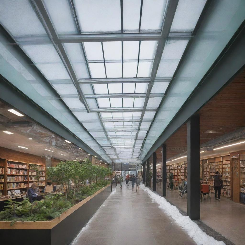 A glass skyway connecting two buildings. The glass walls and roof have integrated heating elements to melt snow and prevent fogging. Inside, it houses an electric ramp. Beneath the skybridge, space is transformed into a green area or stalls, perhaps a library.