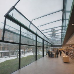 A glass skyway connecting two buildings. The glass walls and roof have integrated heating elements to melt snow and prevent fogging. Inside, it houses an electric ramp. Beneath the skybridge, space is transformed into a green area or stalls, perhaps a library.