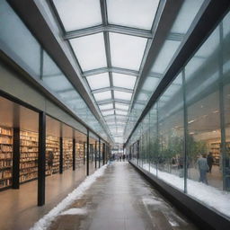 A glass skyway connecting two buildings. The glass walls and roof have integrated heating elements to melt snow and prevent fogging. Inside, it houses an electric ramp. Beneath the skybridge, space is transformed into a green area or stalls, perhaps a library.