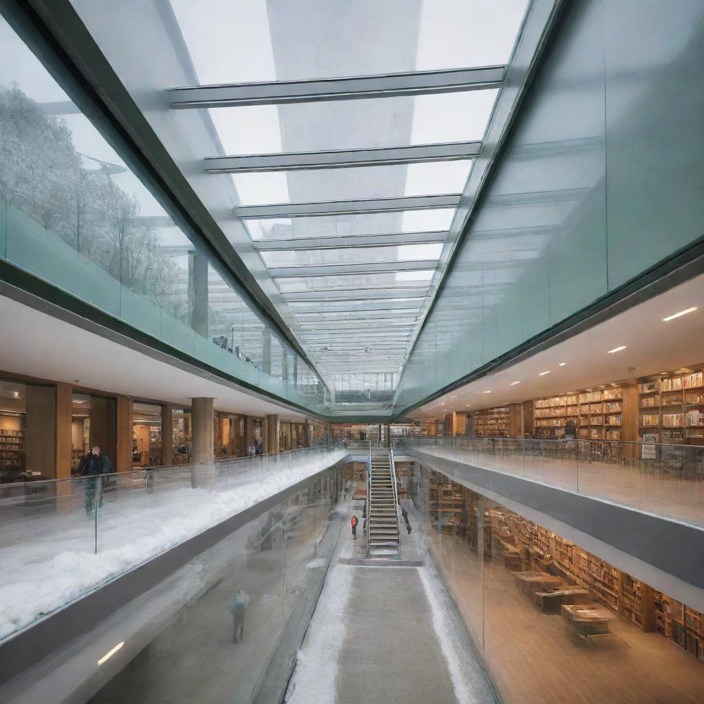 A glass skyway connecting two buildings. The glass walls and roof have integrated heating elements to melt snow and prevent fogging. Inside, it houses an electric ramp. Beneath the skybridge, space is transformed into a green area or stalls, perhaps a library.