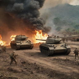 Enhanced historical representation of the Battle of Bataan. Highlight soldiers' intense emotions, the dense Philippine jungle with WWII-era military tanks, and the dramatic bursts of fiery explosions, emphasizing the chaos and heroism.