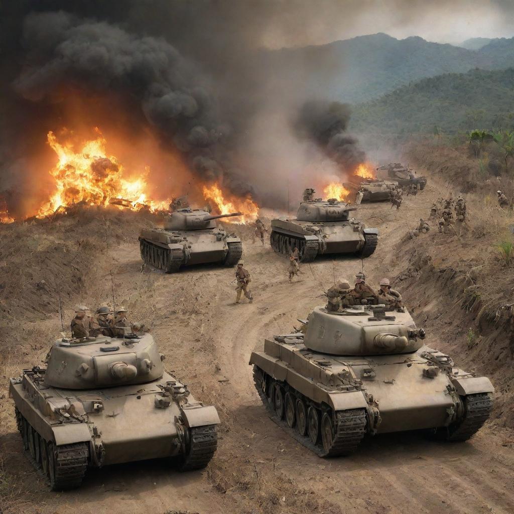 Enhanced historical representation of the Battle of Bataan. Highlight soldiers' intense emotions, the dense Philippine jungle with WWII-era military tanks, and the dramatic bursts of fiery explosions, emphasizing the chaos and heroism.