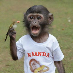 A monkey wearing a shirt that says 'NANDA' playing with a bird