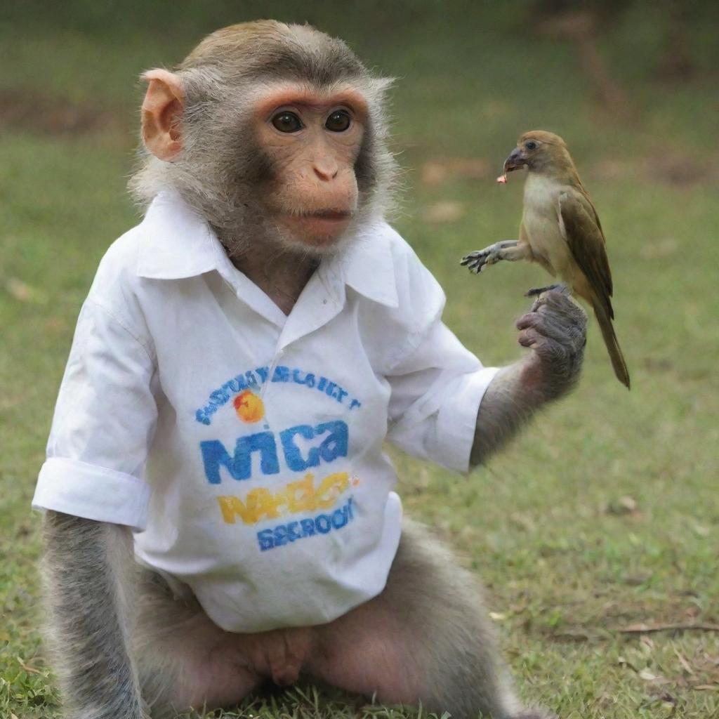 A monkey wearing a shirt that says 'NANDA' playing with a bird