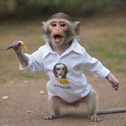 A monkey wearing a shirt that says 'NANDA' playing with a bird