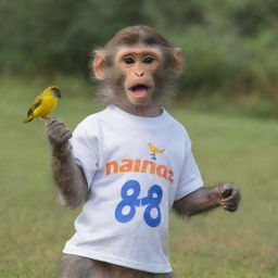 A monkey wearing a shirt that says 'NANDA' playing with a bird