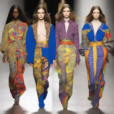 The fashion designer dementedly mixed vibrant colors and bold patterns on the runway.