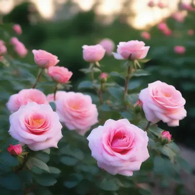 As the sun set, the delicate perianth of the garden rose glowed with shades of pink and red, creating a romantic ambiance in the garden.