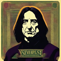 A striking digital art image of Severus Snape, rendered in the distinctive style of MinaLima