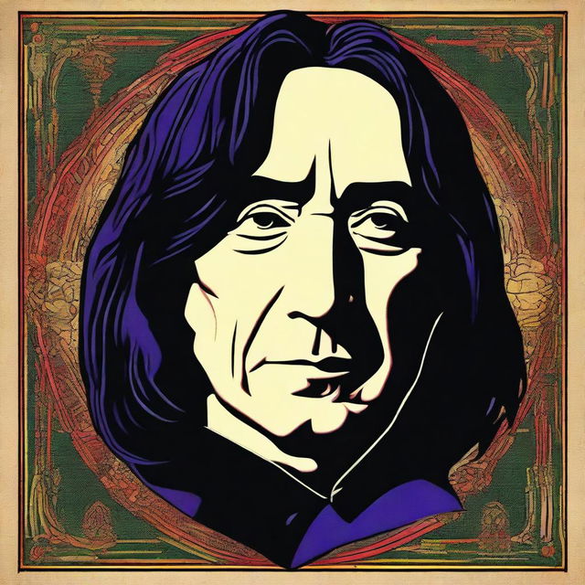 A striking digital art image of Severus Snape, rendered in the distinctive style of MinaLima