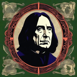 A striking digital art image of Severus Snape, rendered in the distinctive style of MinaLima