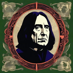 A striking digital art image of Severus Snape, rendered in the distinctive style of MinaLima