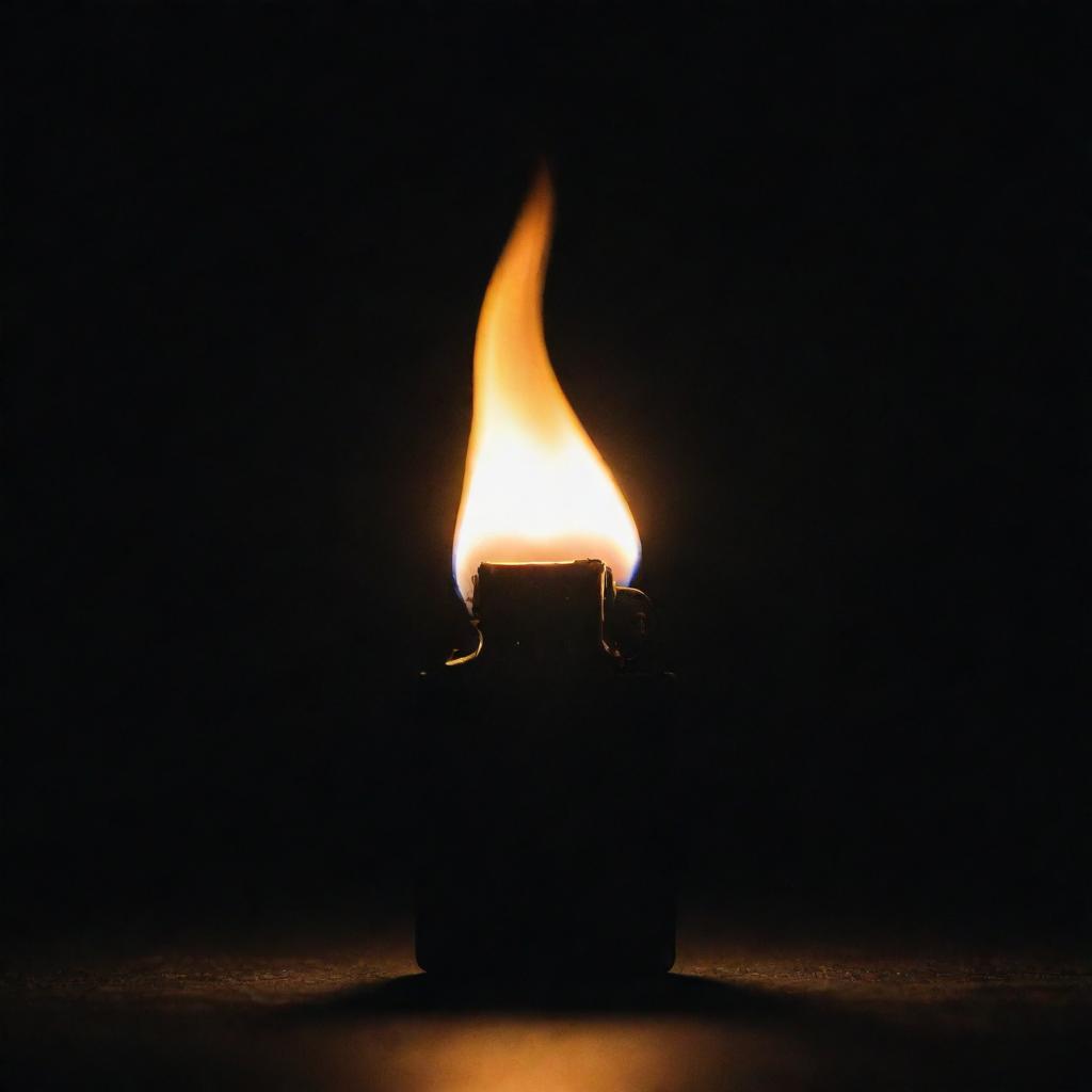 A moody, dark image showcasing a Zippo lighter where its silhouette stands opposing the darkness, and the flame wears the crown of contrast.