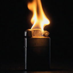 A dark image of a Zippo lighter with a massive flame that surges upwards, casting an eerie glow against the enveloping darkness.