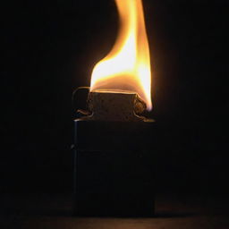 A dark image of a Zippo lighter with a massive flame that surges upwards, casting an eerie glow against the enveloping darkness.