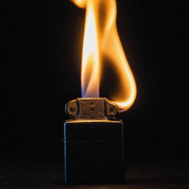 A dark image of a Zippo lighter with a massive flame that surges upwards, casting an eerie glow against the enveloping darkness.