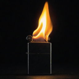 A dark image of a Zippo lighter with a massive flame that surges upwards, casting an eerie glow against the enveloping darkness.