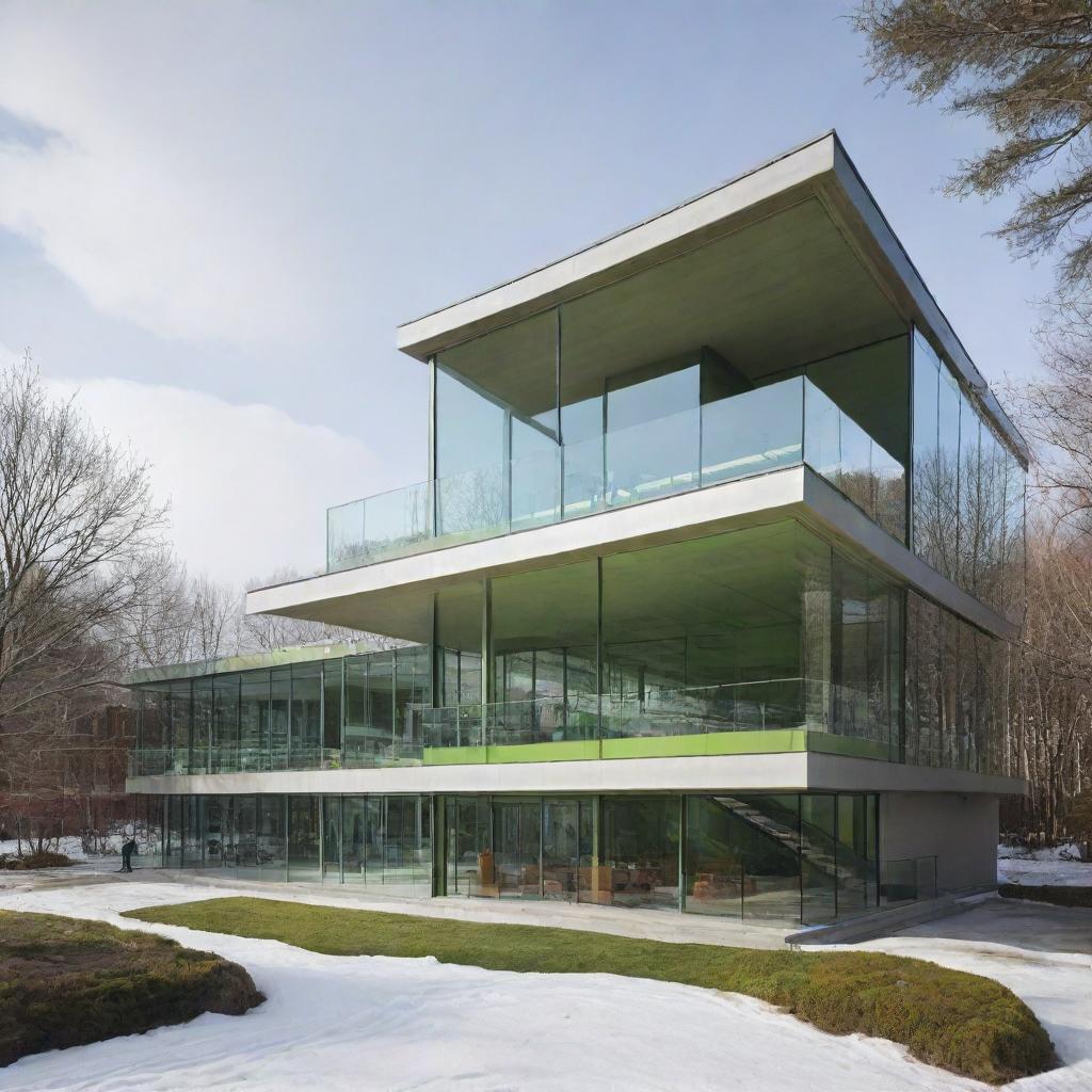 A modern structure connecting two buildings, featuring glass walls and a roof housing elements that prevent snow accumulation and fogging. Inside, an electric ramp aids mobility. Beneath the structure, the space is transformed into a vibrant green area.