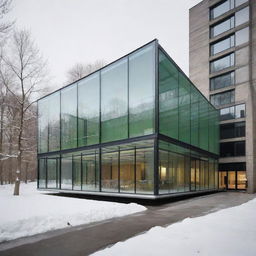 A modern structure connecting two buildings, featuring glass walls and a roof housing elements that prevent snow accumulation and fogging. Inside, an electric ramp aids mobility. Beneath the structure, the space is transformed into a vibrant green area.