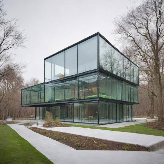 A modern structure connecting two buildings, featuring glass walls and a roof housing elements that prevent snow accumulation and fogging. Inside, an electric ramp aids mobility. Beneath the structure, the space is transformed into a vibrant green area.