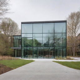 A modern structure connecting two buildings, featuring glass walls and a roof housing elements that prevent snow accumulation and fogging. Inside, an electric ramp aids mobility. Beneath the structure, the space is transformed into a vibrant green area.