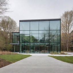 A modern structure connecting two buildings, featuring glass walls and a roof housing elements that prevent snow accumulation and fogging. Inside, an electric ramp aids mobility. Beneath the structure, the space is transformed into a vibrant green area.