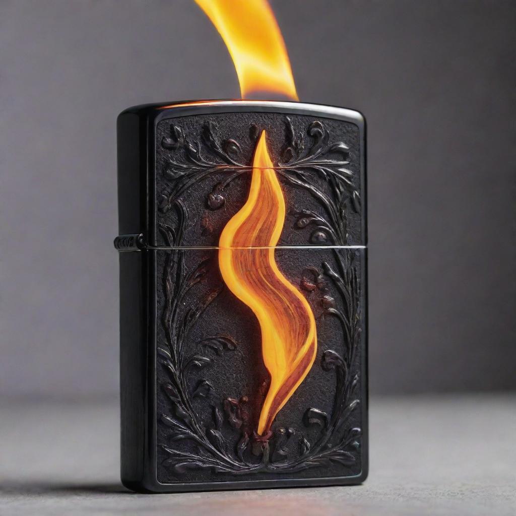 An image showcasing a stylish Zippo lighter, its intricate design highlighted by the glow of a massive, vibrant flame leaping upwards.