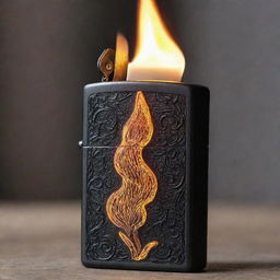 An image showcasing a stylish Zippo lighter, its intricate design highlighted by the glow of a massive, vibrant flame leaping upwards.