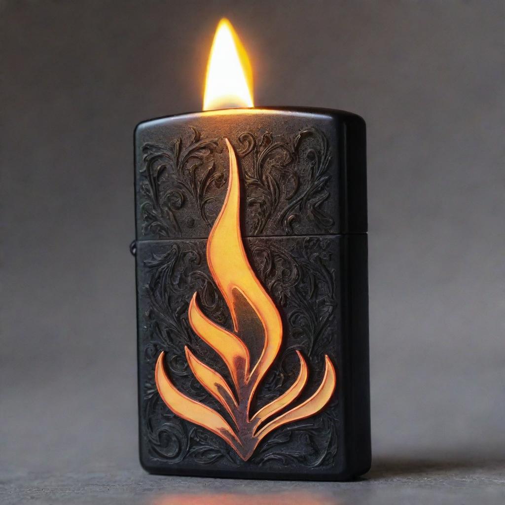 An image showcasing a stylish Zippo lighter, its intricate design highlighted by the glow of a massive, vibrant flame leaping upwards.