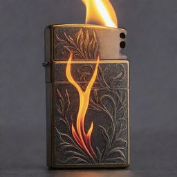 An image showcasing a stylish Zippo lighter, its intricate design highlighted by the glow of a massive, vibrant flame leaping upwards.