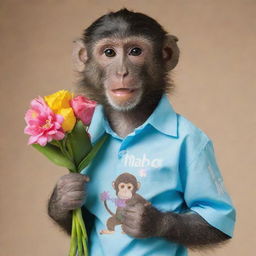 A monkey wearing a shirt with the word 'NANDA', holding flowers, and striking a charming pose