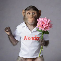 A monkey wearing a shirt with the word 'NANDA', holding flowers, and striking a charming pose