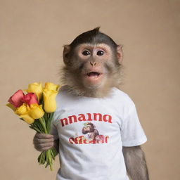 A monkey wearing a shirt with the word 'NANDA', holding flowers, and striking a charming pose