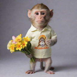 A monkey wearing a shirt with the word 'NANDA', holding flowers, and striking a charming pose