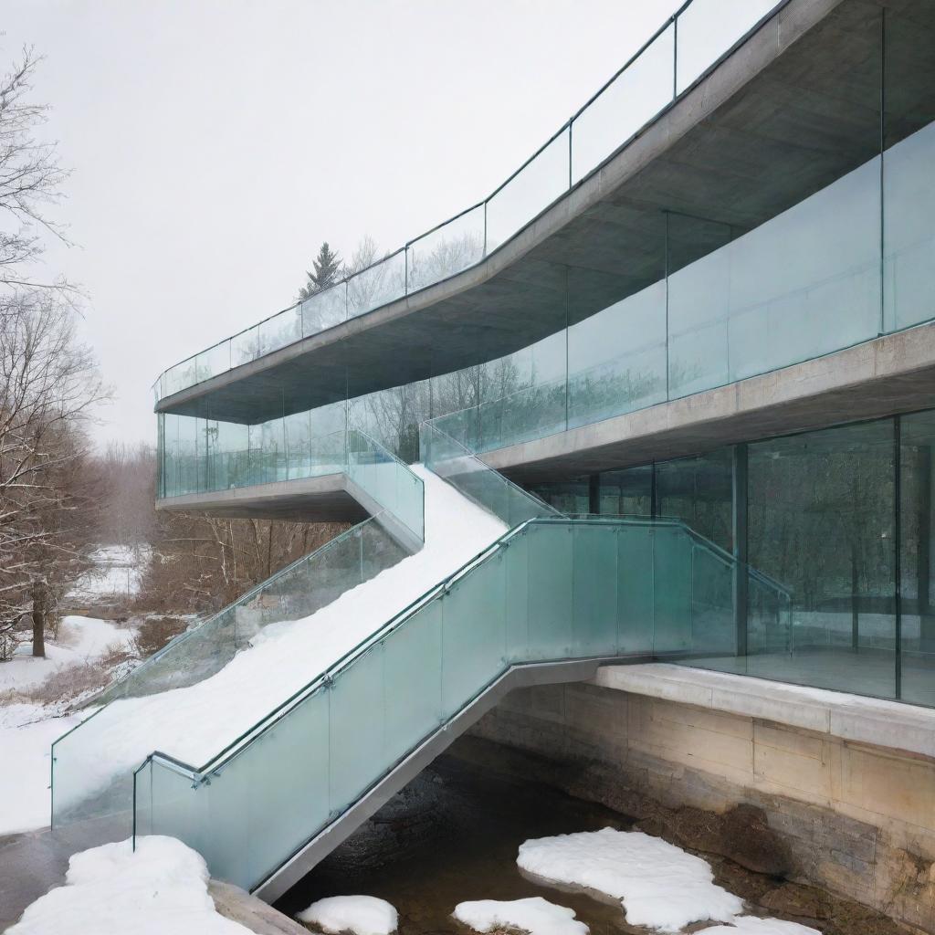 A bridge-like structure of glass connecting two buildings, with internal systems to melt snow and prevent fogging. The interior features an electric ramp for ease of mobility. Below the glass bridge is a lush green space.