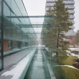 A bridge-like structure of glass connecting two buildings, with internal systems to melt snow and prevent fogging. The interior features an electric ramp for ease of mobility. Below the glass bridge is a lush green space.