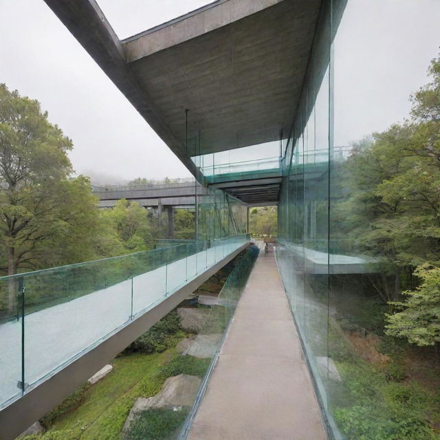 A bridge-like structure of glass connecting two buildings, with internal systems to melt snow and prevent fogging. The interior features an electric ramp for ease of mobility. Below the glass bridge is a lush green space.