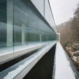 A bridge-like structure of glass connecting two buildings, with internal systems to melt snow and prevent fogging. The interior features an electric ramp for ease of mobility. Below the glass bridge is a lush green space.