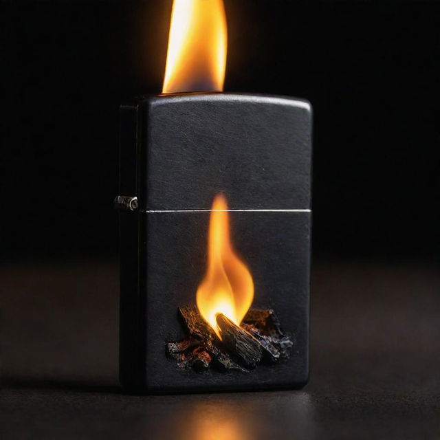 A stylish Zippo lighter, its details highlighted by a massive flame, dramatically contrasting with the enveloping darkness.