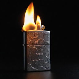 A stylish Zippo lighter, its details highlighted by a massive flame, dramatically contrasting with the enveloping darkness.