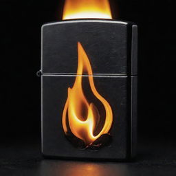 A stylish Zippo lighter, its details highlighted by a massive flame, dramatically contrasting with the enveloping darkness.