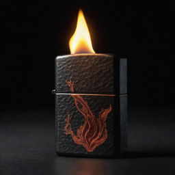 A stylish Zippo lighter, its details highlighted by a massive flame, dramatically contrasting with the enveloping darkness.