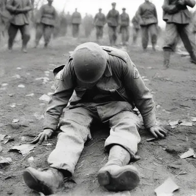 During the battle, the soldier's uniform crumpled as he fell to the ground.