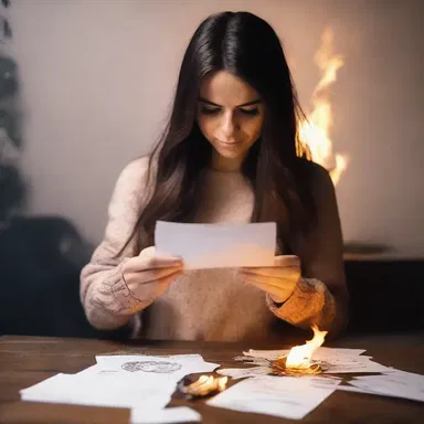 She crumples the love letter from her ex-boyfriend and throws it in the fire.