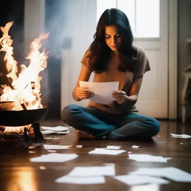 She crumples the love letter from her ex-boyfriend and throws it in the fire.