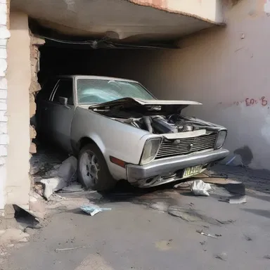 In the intense action scene, the car crashed into a wall and crumpled into a heap of twisted metal.