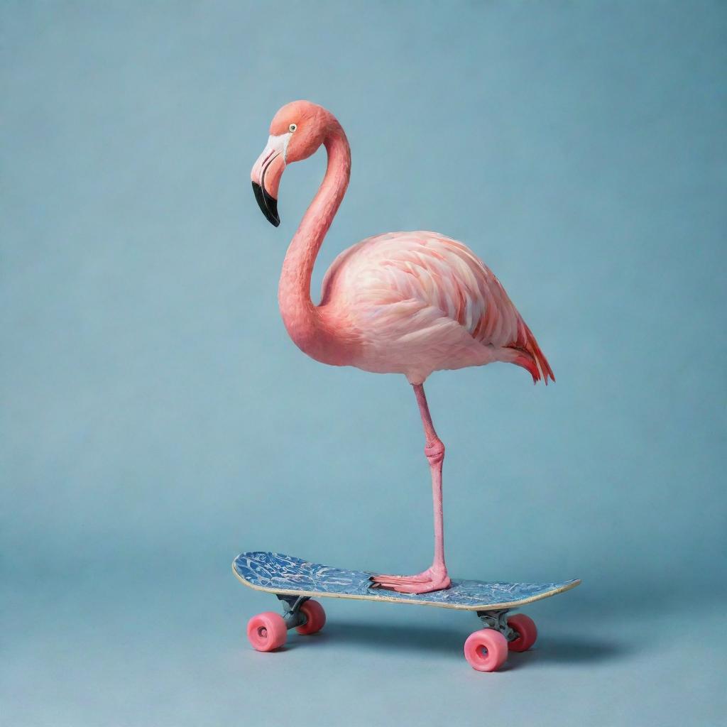 A vibrant pink flamingo balancing on a skateboard with the pattern of mozzarella cheese, proudly holding a maraca on its wing.